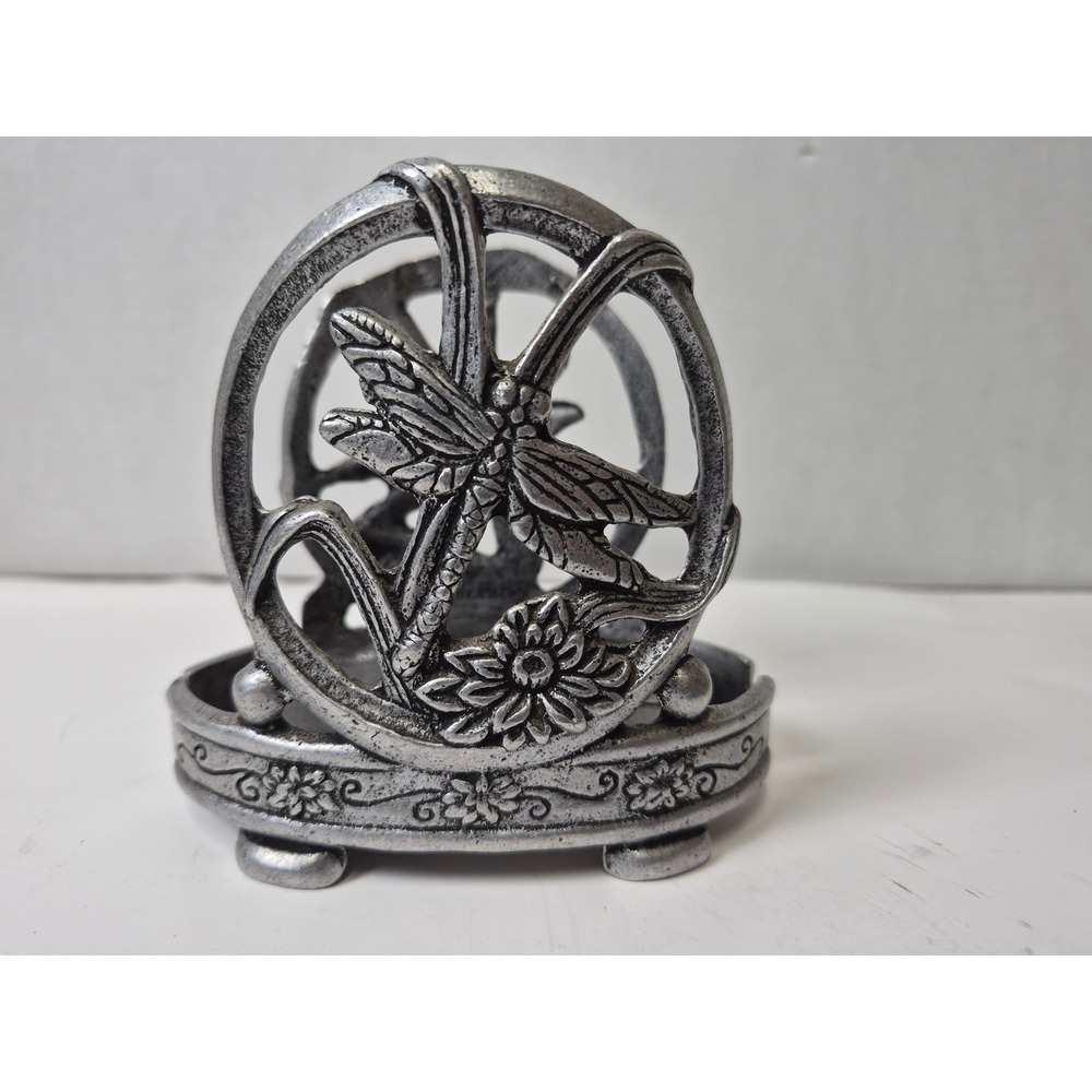 Vintage Dragonfly Cast Metal Votive Candle Holder Silver Tone Nature Decor